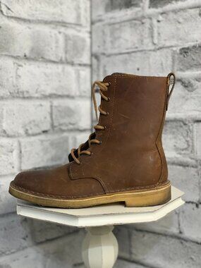 Clarks Boots Womens 6.5 Cognac Tan Waxed Oiled Leather Lace Up Mid Ankle Booties